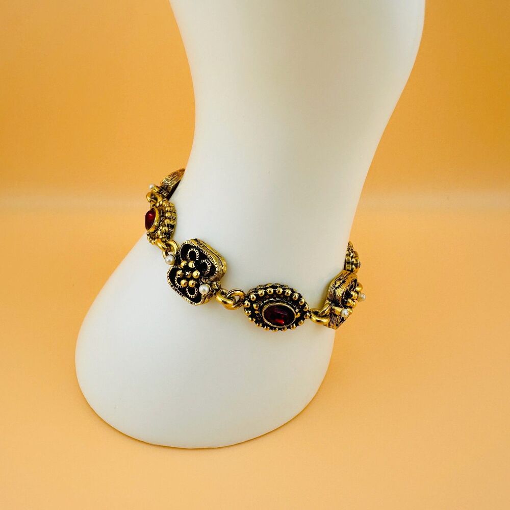 Vintage Victorian Revival Bracelet Red Rhinestone Gold Tone Faux Seed Pearl 6" - Picture 7 of 15
